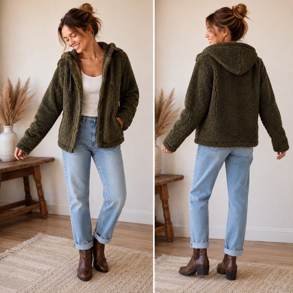 Perch by Blu Pepper Sherpa Hoodie Jacket Women 1XL Olive Green Faux Fur Full Zip